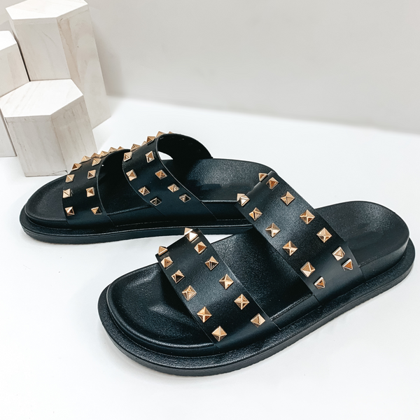 Simple Essentials Studded Two Strap Slide On Sandals in Black