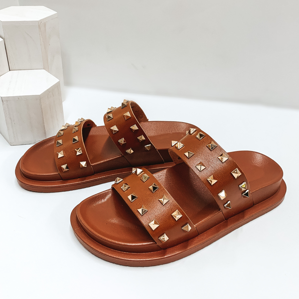 Simple Essentials Studded Two Strap Slide On Sandals in Cognac