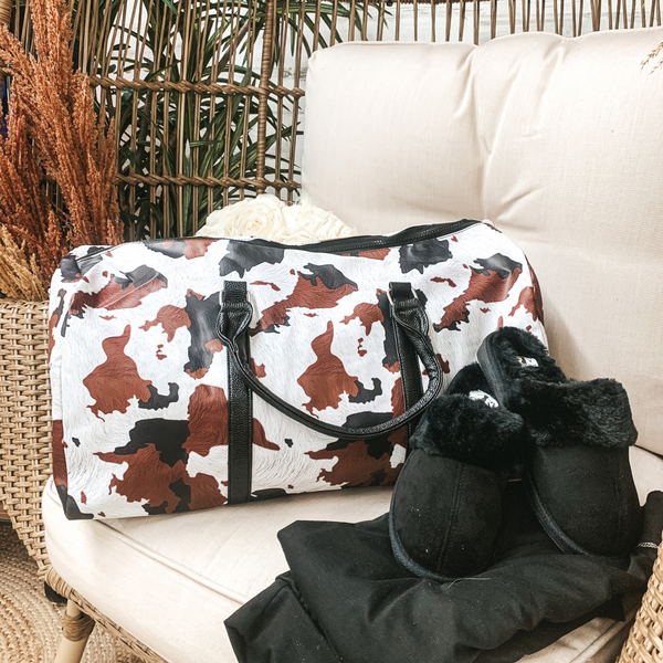 Star of the Sleepover Cow Print Duffel Bag in Brown and Black
