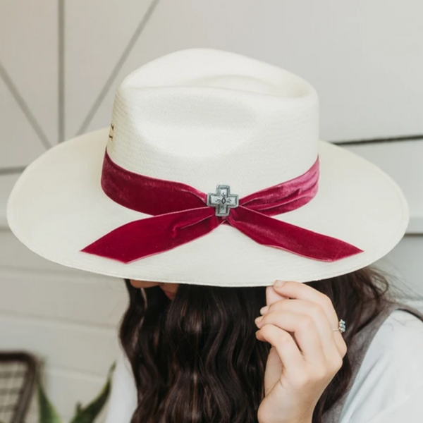 Charlie 1 Horse | Truth Straw Hat with Burgundy Velvet Ribbon Band and Barbosa Cross Concho Pin