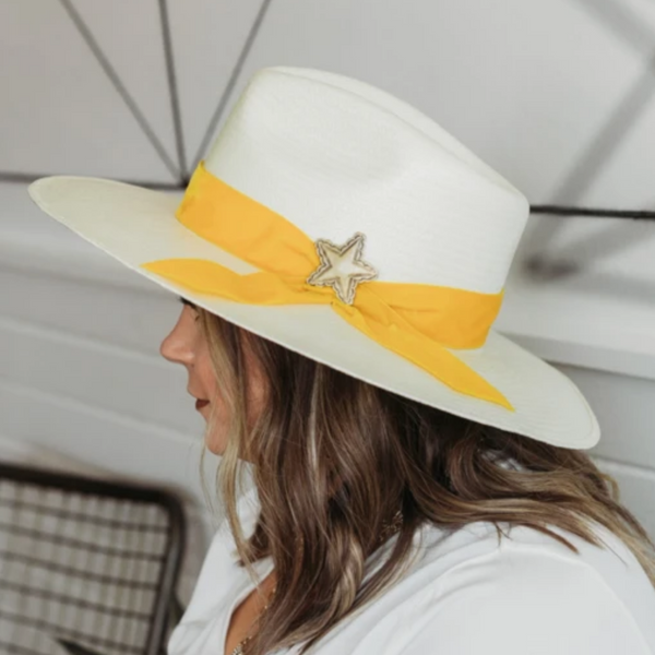 Charlie 1 Horse | Lone Star Love Straw Hat with Yellow Velvet Ribbon Band and Barbosa Star Concho Pin