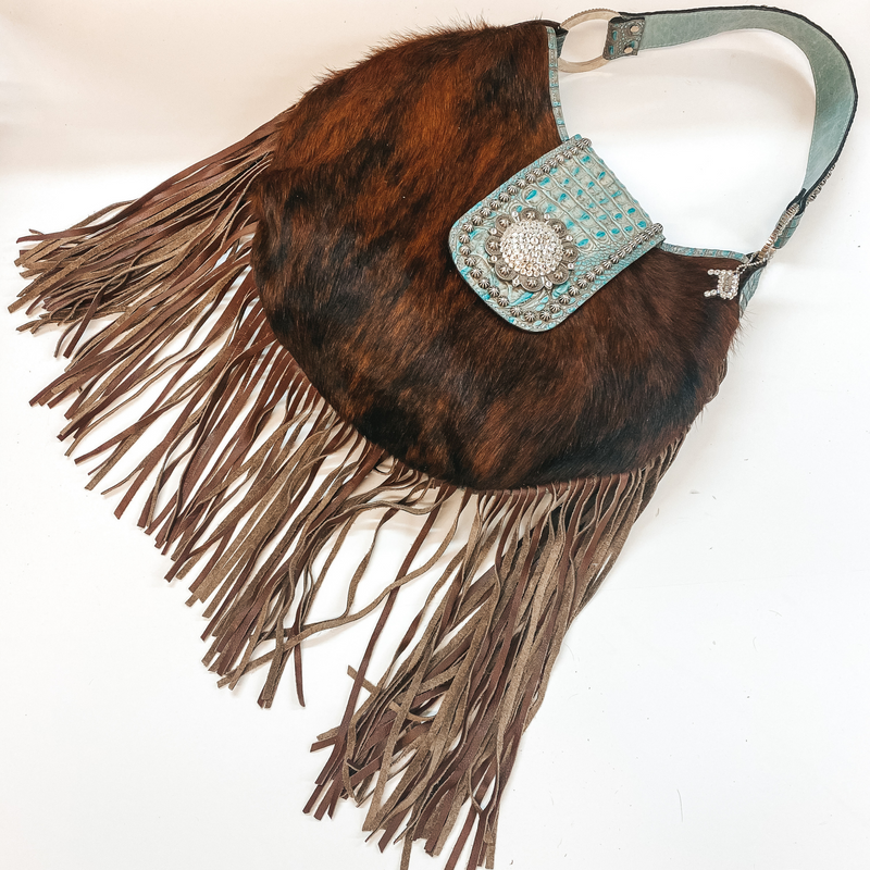 Raviani | Cowhide and Turquoise Crocodile Round Purse with Fringe and Crystal Concho