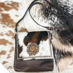 Raviani | Brown Leather and Cowhide Flap Purse with Concho