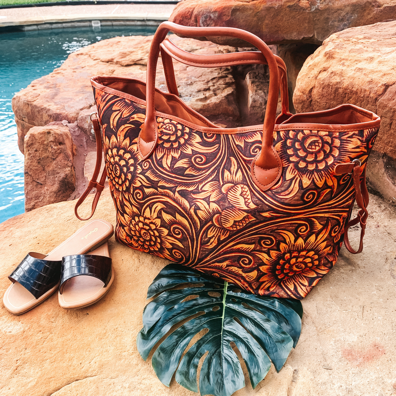 Living Large on Vacay Time Large Canvas Tote in Tooled Print
