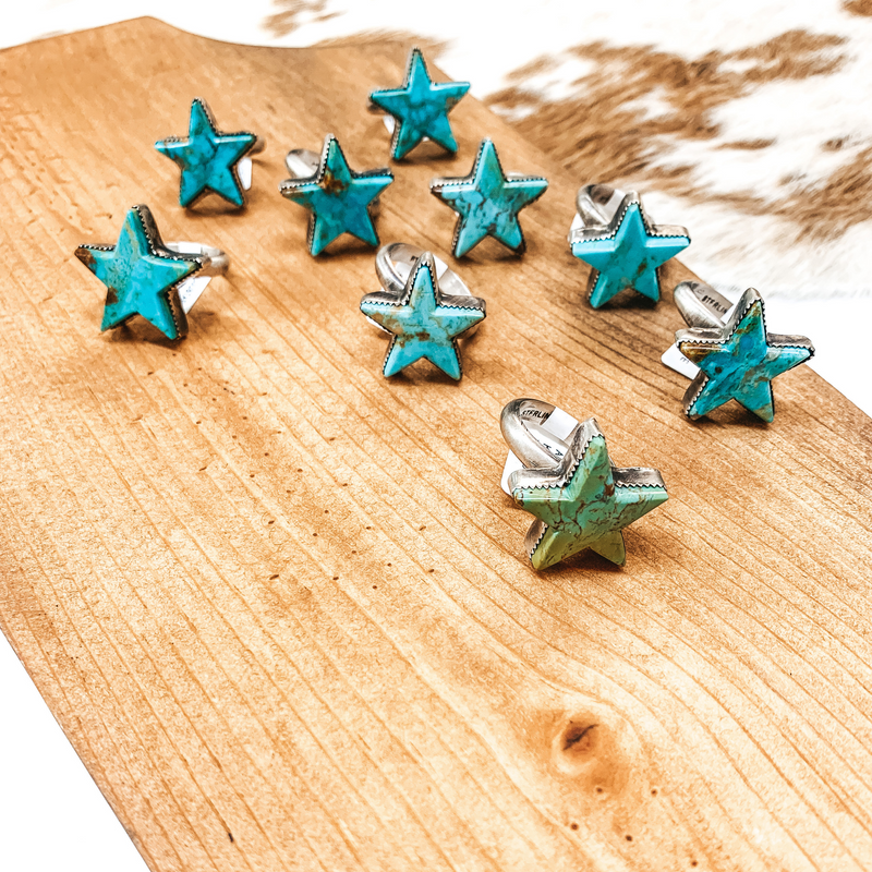 Robert Shakey | Navajo Handmade Adjustable Sterling Silver and Kingman Turquoise Star Ring