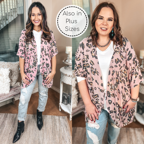 Ahead Of The Trend Leopard Short Drop Sleeve Cardigan in Blush Pink