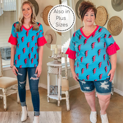 Saved By the Bell Fuchsia Lightning Bolt V Neck Top with Ruffle Sleeves in Turquoise