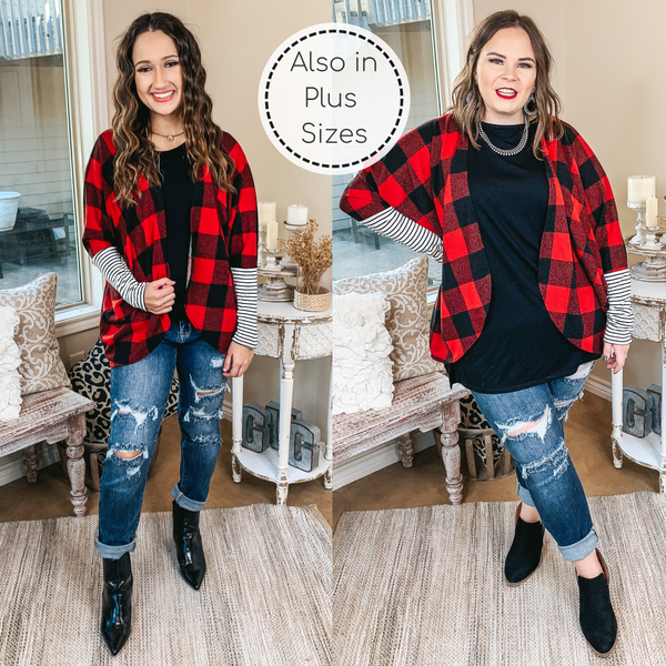 Lining Up Long Sleeve Dolman Cardigan with Striped Sleeves in Buffalo Plaid