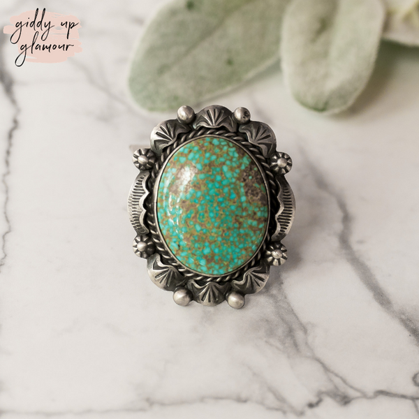 betta lee indian native american navajo zuni nations handmade handcrafted sterling silver ring with large kingman turquoise stone heritage style turquoise and co