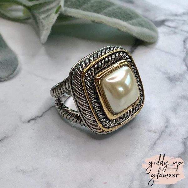 Large Two Toned Ring with Cream Pearl Stone