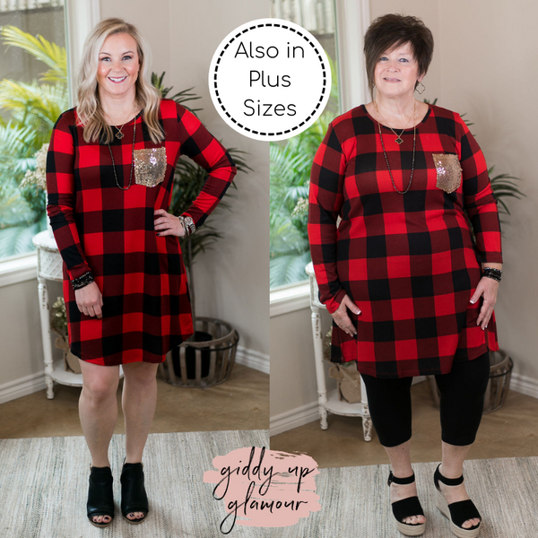 Making Spirits Bright Buffalo Plaid Print Dress with Sequin Pocket in Red