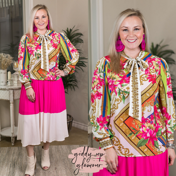 Having Fun Bright Colored Baroque & Floral Print Top with Neck Tie