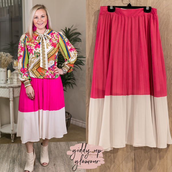 Last Chance Size Medium | Bright Outlook Color Block High Waist Pleated Midi Skirt in Hot Pink