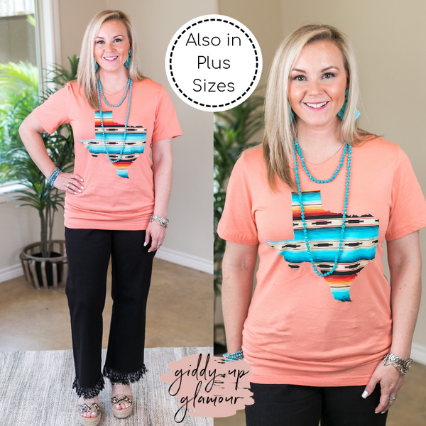 Queen of the South Serape Print Texas Short Sleeve Tee Shirt in Sunset Coral
