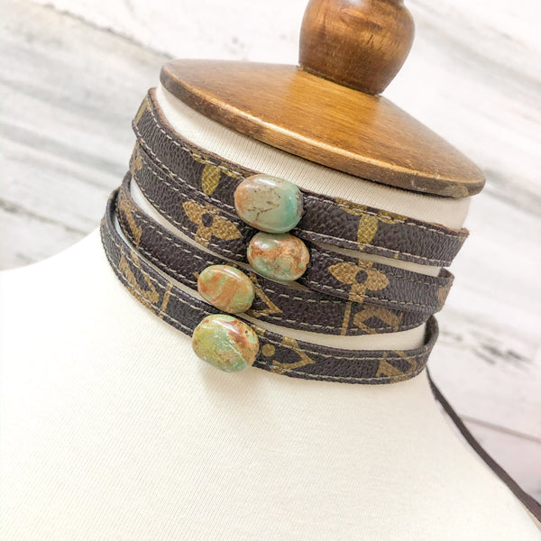 Embellished Leather Choker Necklace with Turquoise Green Stone