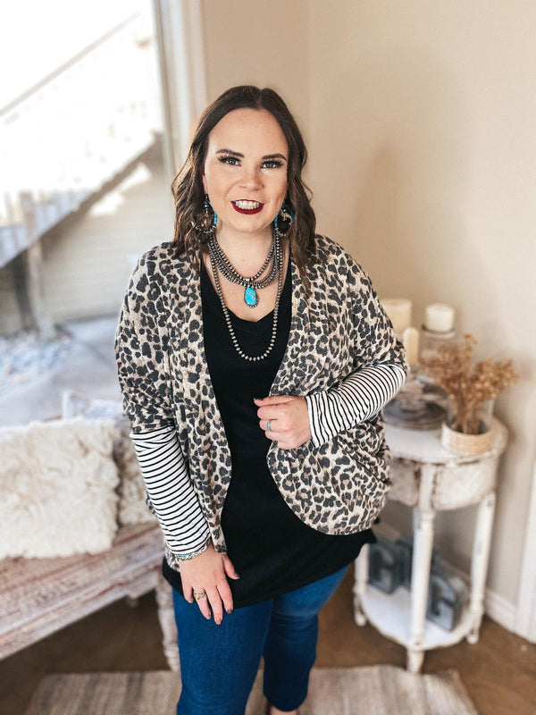 Lining Up Long Sleeve Dolman Cardigan with Striped Sleeves in Leopard