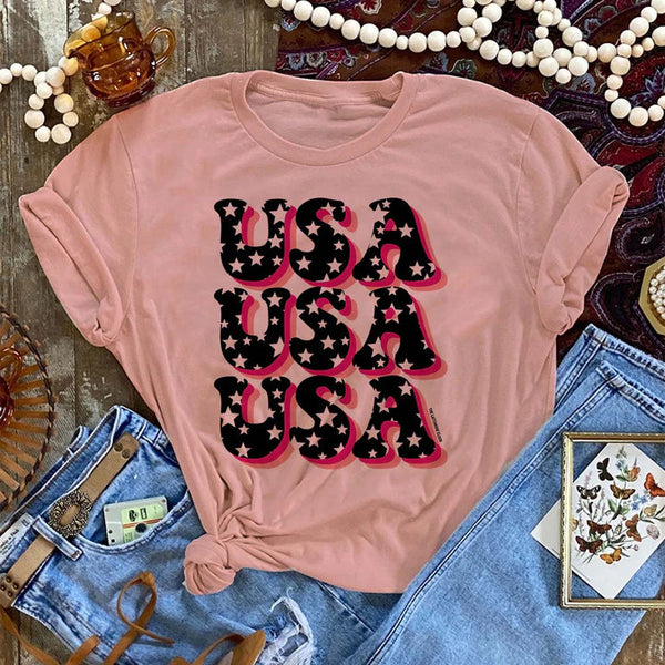 USA USA USA with Stars Graphic Tee in Desert Rose